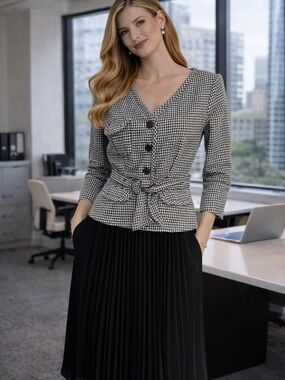 Self-Portrait Black & White Houndstooth Tie-Waist Blouse dress